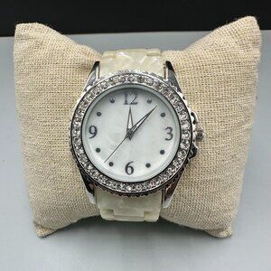 Silver Tone Women Watch Rhinestone Bezel Cream Resin Band New Battery 6.25"